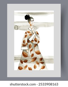 Woman in autumn dress with petals and tree branches looks into distance on print. Watercolor poster. Artwork with woman in autumn kimono for walks in September parks, in frame with decor for wall art