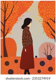 woman in autumn fall season,  color palette, wellness fashion design vector art