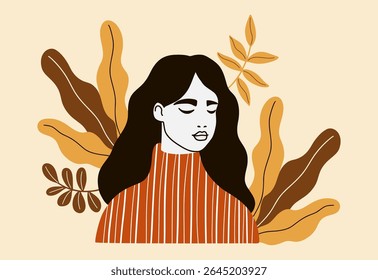 Woman with Autumn Leaves. Minimalist Female Autumnal Portrait. Hand drawing. Vector illustration 