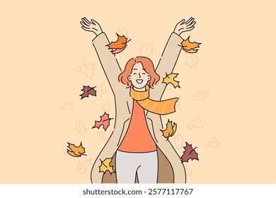 Woman is in autumn mood, throwing colorful maple leaves up, and not celebrating end of summer season. Happy girl experiences euphoria thanks to autumn mood and departure of heat or drought