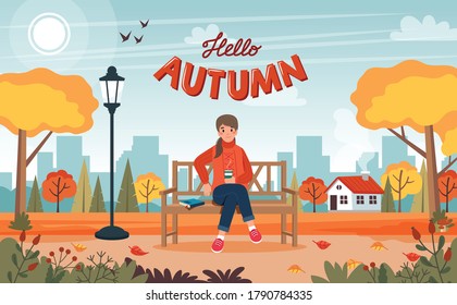 Woman in autumn, sitting on a bench in park with landscape. vector illustration in flat style