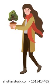 woman with autumn suit and houseplant character