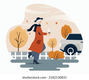 Woman in autumn. Young girl with mug of coffee or tea walks down street in autumn season. Walk in park, active way of life. Character on city face with hot drink. Cartoon flat vector illustration