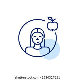 Frau Avatar und Apfel. Gesundheits- und Fitness-Tracker App. Ernährung und Wellness. Pixel perfektes Vektorsymbol