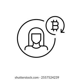 Woman avatar and bitcoin in renew arrow. Crypto wallet user, synchronization and automation. Pixel perfect vector icon