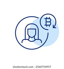 Woman avatar and bitcoin in renew arrow. Crypto wallet user, synchronization and automation. Pixel perfect, editable stroke icon