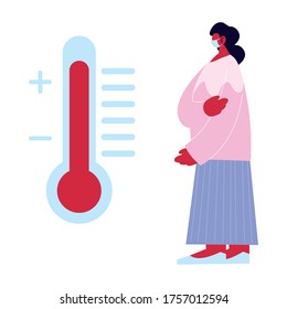 woman avatar cartoon with mask and thermometer design of Medical care and covid 19 virus theme Vector illustration