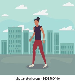 woman avatar character cityscape background