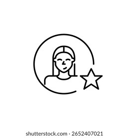 Woman avatar in circle and star. Favorite user, VIP person, customer rewards and ratings. Pixel perfect, editable stroke vector icon