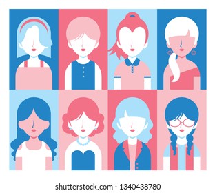 Woman avatar collection. Flat vector illustration of females in different fashion style. 