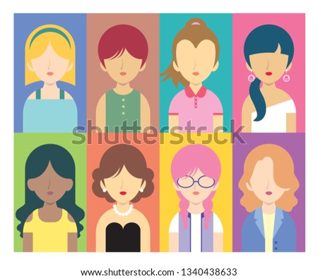 Woman avatar collection. Flat vector illustration of females in different fashion style. 