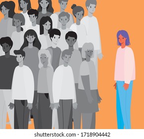 Woman avatar in color and black and white people group representing social distancing design of Covid 19 virus theme