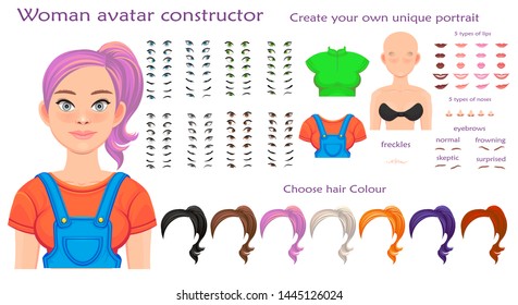 woman avatar constructor. character creation set. Icons with different types of faces, emotions. Vector illustration