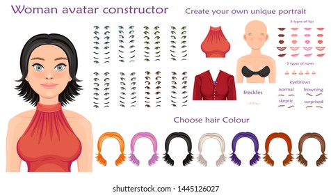 woman avatar constructor. character creation set. Icons with different types of faces, emotions. Vector illustration