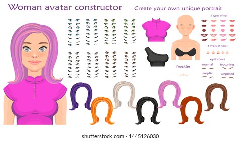 woman avatar constructor. character creation set. Icons with different types of faces, emotions. Vector illustration