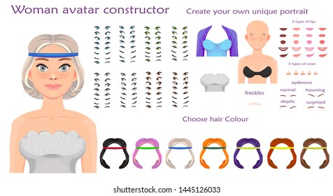 woman avatar constructor. character creation set. Icons with different types of faces, emotions. Vector illustration