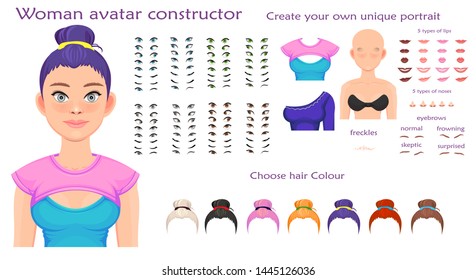 woman avatar constructor. character creation set. Icons with different types of faces, emotions. Vector illustration