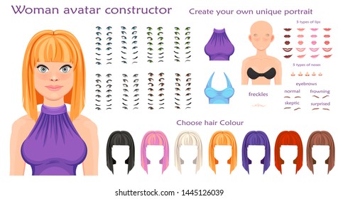 woman avatar constructor. character creation set. Icons with different types of faces, emotions. Vector illustration
