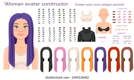 woman avatar constructor. character creation set. Icons with different types of faces, emotions. Vector illustration