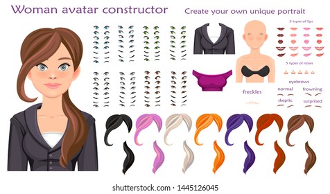 woman avatar constructor. character creation set. Icons with different types of faces, emotions. Vector illustration