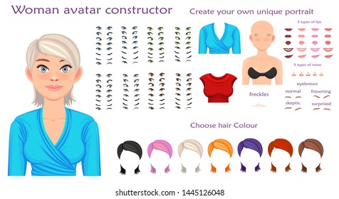 woman avatar constructor. character creation set. Icons with different types of faces, emotions. Vector illustration