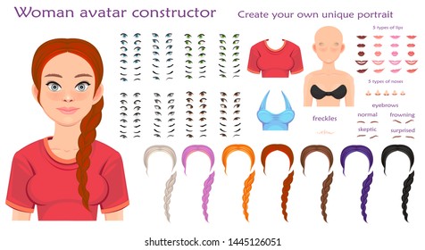 woman avatar constructor. character creation set. Icons with different types of faces, emotions. Vector illustration