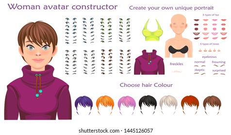 woman avatar constructor. character creation set. Icons with different types of faces, emotions. Vector illustration