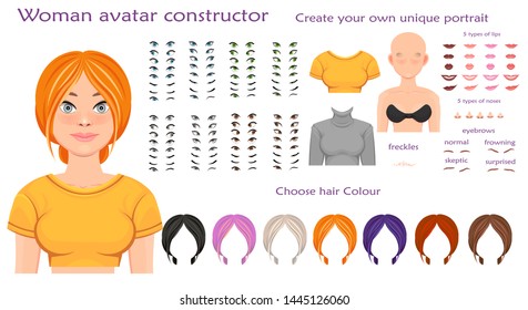 woman avatar constructor. character creation set. Icons with different types of faces, emotions. Vector illustration