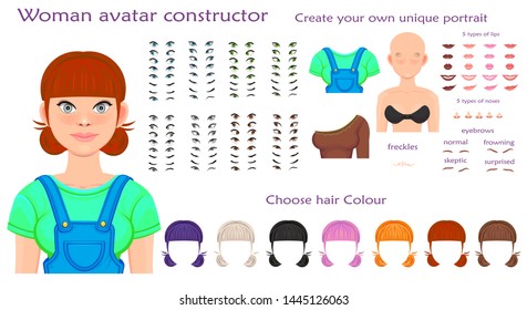 woman avatar constructor. character creation set. Icons with different types of faces, emotions. Vector illustration