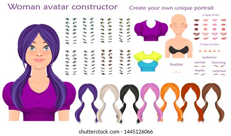 woman avatar constructor. character creation set. Icons with different types of faces, emotions. Vector illustration