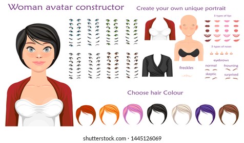 woman avatar constructor. character creation set. Icons with different types of faces, emotions. Vector illustration