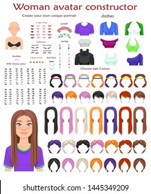 woman avatar constructor. character creation set. Icons with different types of faces, emotions. Vector illustration