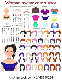 woman avatar constructor. character creation set. Icons with different types of faces, emotions. Vector illustration
