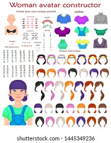 woman avatar constructor. character creation set. Icons with different types of faces, emotions. Vector illustration