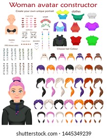 woman avatar constructor. character creation set. Icons with different types of faces, emotions. Vector illustration