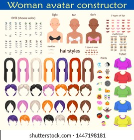 woman avatar constructor. character creation set. Icons with different types of faces, emotions. Vector illustration