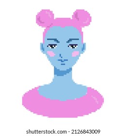 Woman avatar in cyberpunk style. Portrait in pixel art. Robot girl, artificial intelligence. Profile photo, poster, T-shirt print, banner. Vector illustration isolated on a white background