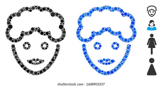 Woman avatar face composition of round dots in variable sizes and shades, based on woman avatar face icon. Vector dots are united into blue mosaic.