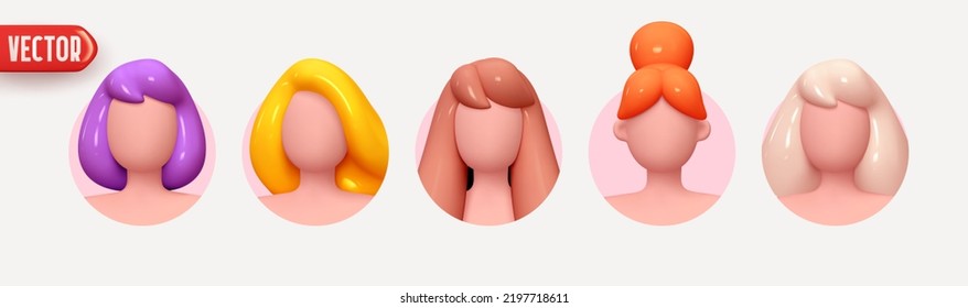 Woman avatar face. Icon user person. Close-up faces of women and young girl in round frame. People Woman with beard without emotions. Realistic 3d design in cartoon style. vector illustration