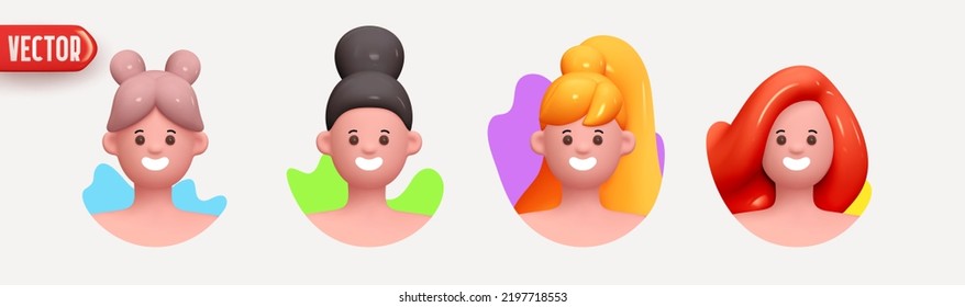 Woman avatar face with smile. Icon user person. Close-up faces of women and young girl in round frame. Set of People happy joyful. Realistic 3d design in cartoon style. vector illustration