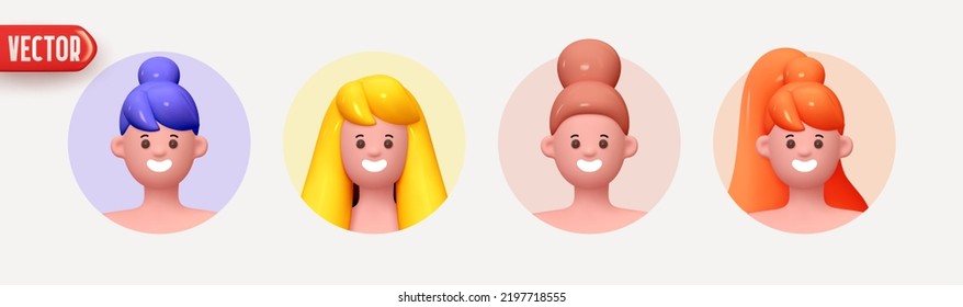 Woman avatar face with smile. Icon user person. Close-up faces of women and young girl in round frame. People happy joyful. Realistic 3d design in cartoon style. vector illustration