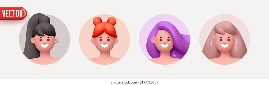 Woman avatar face with smile. Icon user person. Close-up faces of women and young girl in round frame. Set of People happy joyful. Realistic 3d design in cartoon style. vector illustration