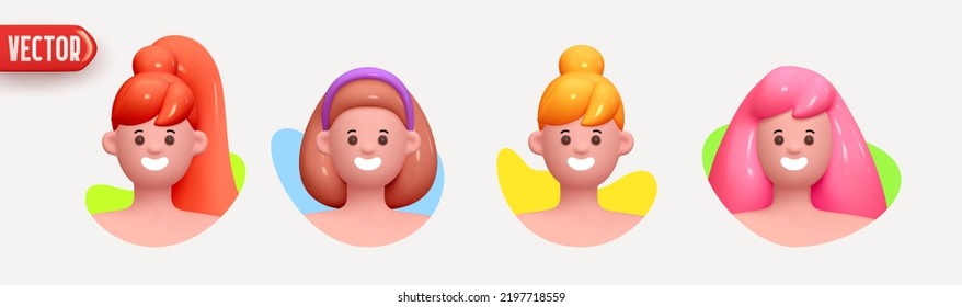 La mujer avatar cara con sonrisa. Usuario de icono. Caras de acercamiento de mujeres y niñas en forma redonda. Gente feliz feliz. Diseño 3d realista al estilo de las caricaturas. ilustración vectorial