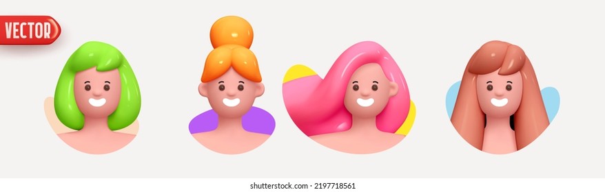 Woman avatar face with smile. Icon user person. Close-up faces of women and young girl in round frame. Set of People happy joyful. Realistic 3d design in cartoon style. vector illustration