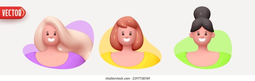 Woman avatar face with smile. Icon user person. Close-up faces of women and young girl in round frame. Set of People happy joyful. Realistic 3d design in cartoon style. vector illustration