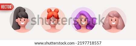 Woman avatar face with smile. Icon user person. Close-up faces of women and young girl in round frame. Set of People happy joyful. Realistic 3d design in cartoon style. vector illustration