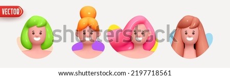 Woman avatar face with smile. Icon user person. Close-up faces of women and young girl in round frame. Set of People happy joyful. Realistic 3d design in cartoon style. vector illustration