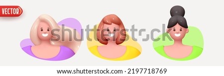 Woman avatar face with smile. Icon user person. Close-up faces of women and young girl in round frame. Set of People happy joyful. Realistic 3d design in cartoon style. vector illustration