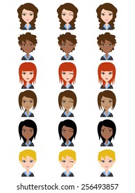 Woman avatar, facial expressions, happy, wink, sad, vector illustration set collection