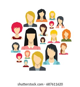 Woman avatar flat icons set on circle. Woman avatar vector illustration for design and web isolated on white background. Woman avatar avatar object for labels, logos and advertising